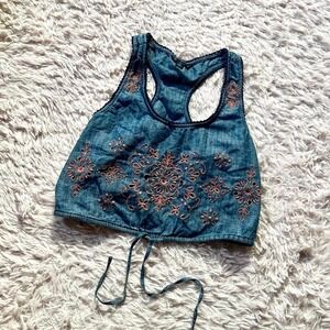 American Eagle Embroidered Eyelet Boho Denim Crop Top Womens S Hippie Indie